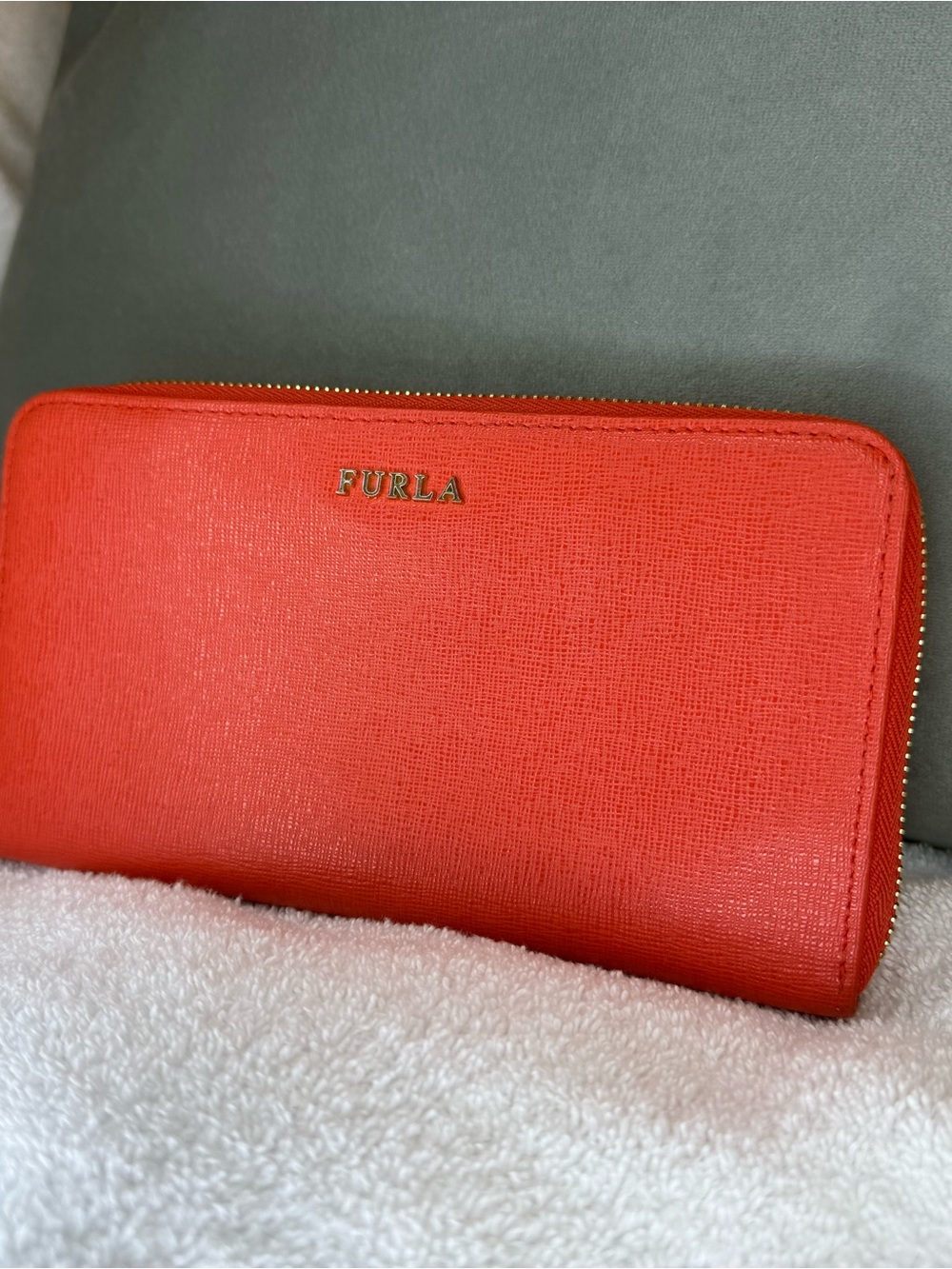 Furla Coral-Red Zip Around Leather Wallet with Gold Logo